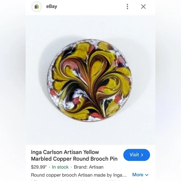 VINTAGE MCM INGA CARLSON COPPER ENAMEL ARTISAN BROOCH PIN w/SWIRL PAINT DESIGN